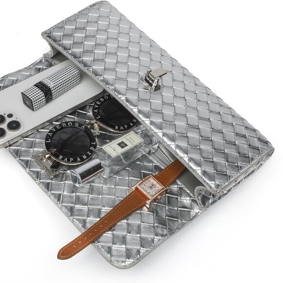 Elegant Silver Woven Clutch Purse with Detachable Chain for Formal Events
